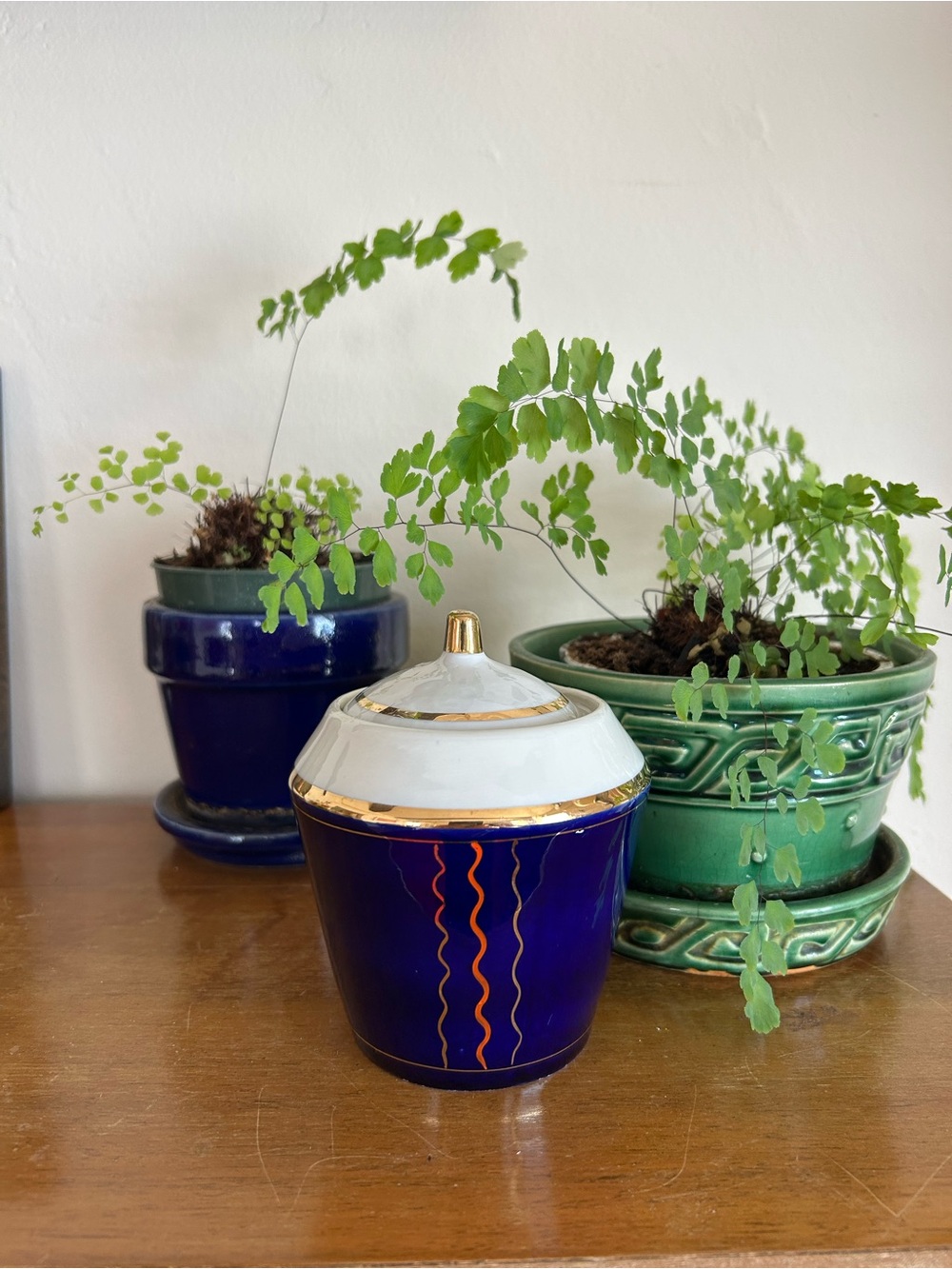 Art Deco Blue and White Porcelain Lidded Jar with Gold Trim - Picture 5 of 5